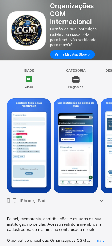 Listagem do aplicativo Organizações CGM Internacional na App Store, publicado pelo Congrega