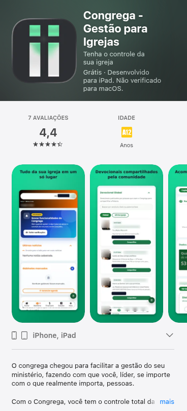 Listagem do aplicativo Congrega na App Store, com nota 4,4