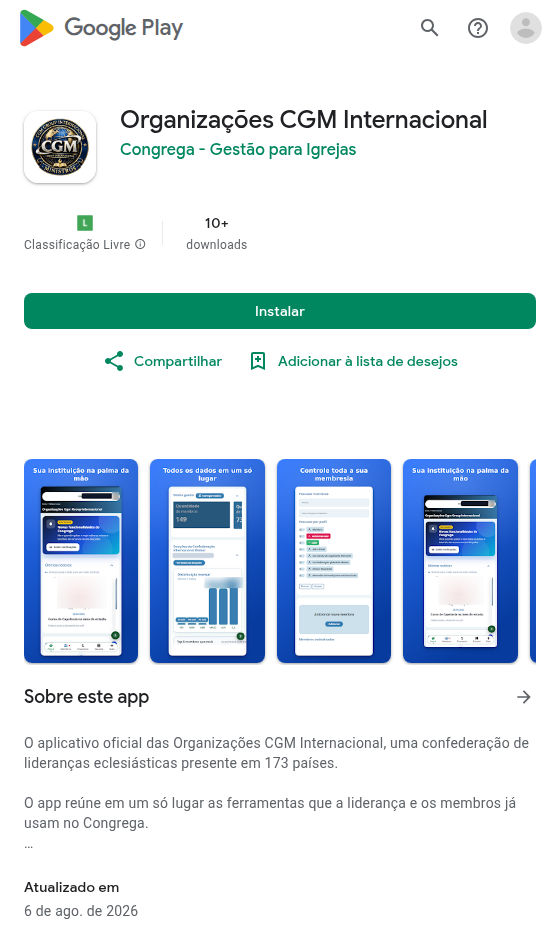 Listagem do aplicativo Organizações CGM Internacional na Google Play, publicado pelo Congrega