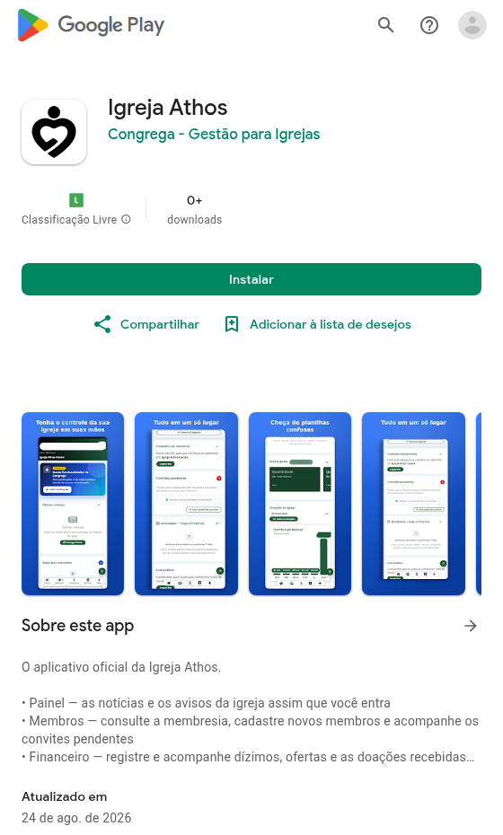 Listagem do aplicativo Igreja Athos na Google Play, publicado pelo Congrega